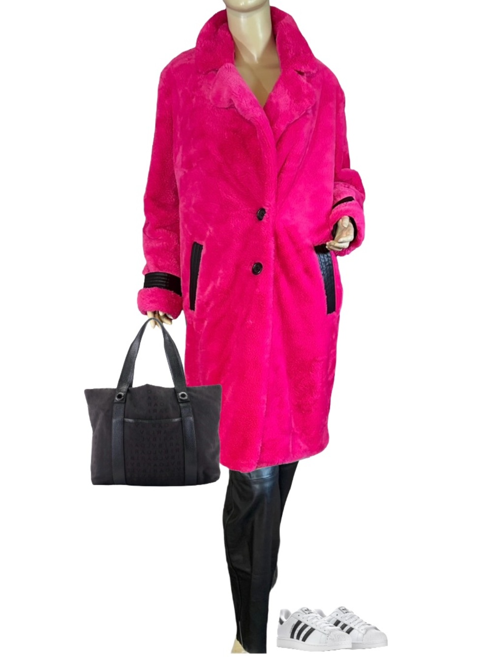KARL LAGERFELD MAGENTA PINK FAUX FUR W/BLACK TRIM TEDDY COAT (8)